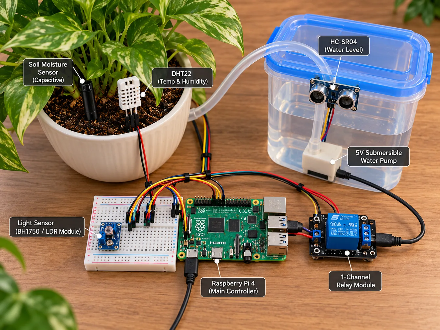 Illustrative hardware arrangement showing the Raspberry Pi, plant sensors, relay module, water reservoir and irrigation pump.