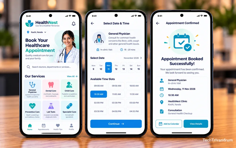 Three phone screens of a sample booking app: service list, date and time selection, and appointment confirmation