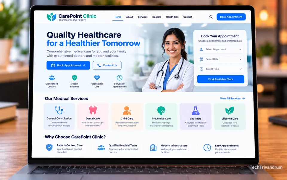 Laptop showing a sample clinic website with a doctor, an appointment request form and service cards