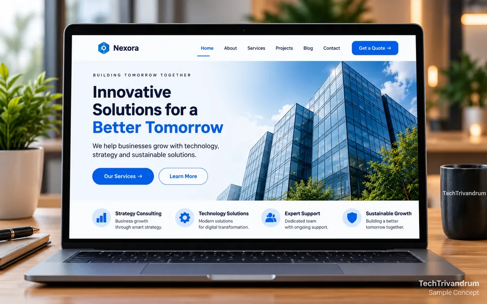 Laptop showing a sample corporate website home page with a glass office building and a Get a Quote button