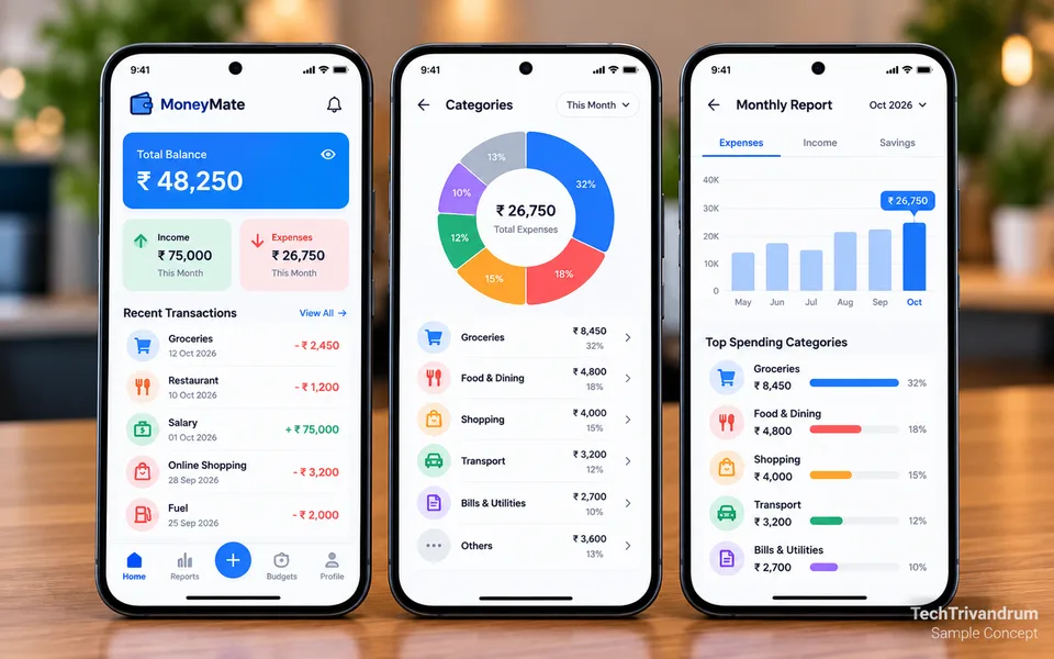 Three phone screens of a sample expense app showing the balance, spending by category and a monthly report