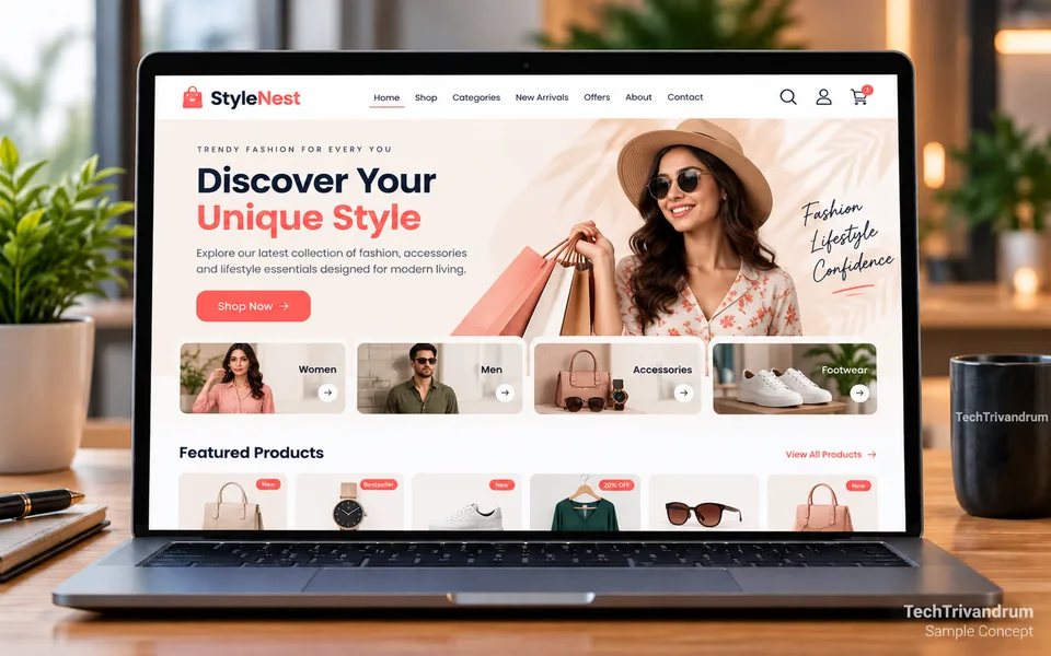 Laptop showing a sample online fashion shop with category tiles for women, men, accessories and footwear