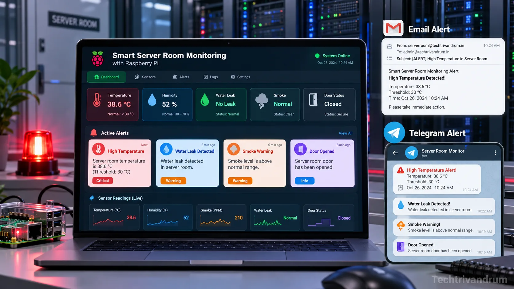 Illustrative alerting dashboard and notification concept.