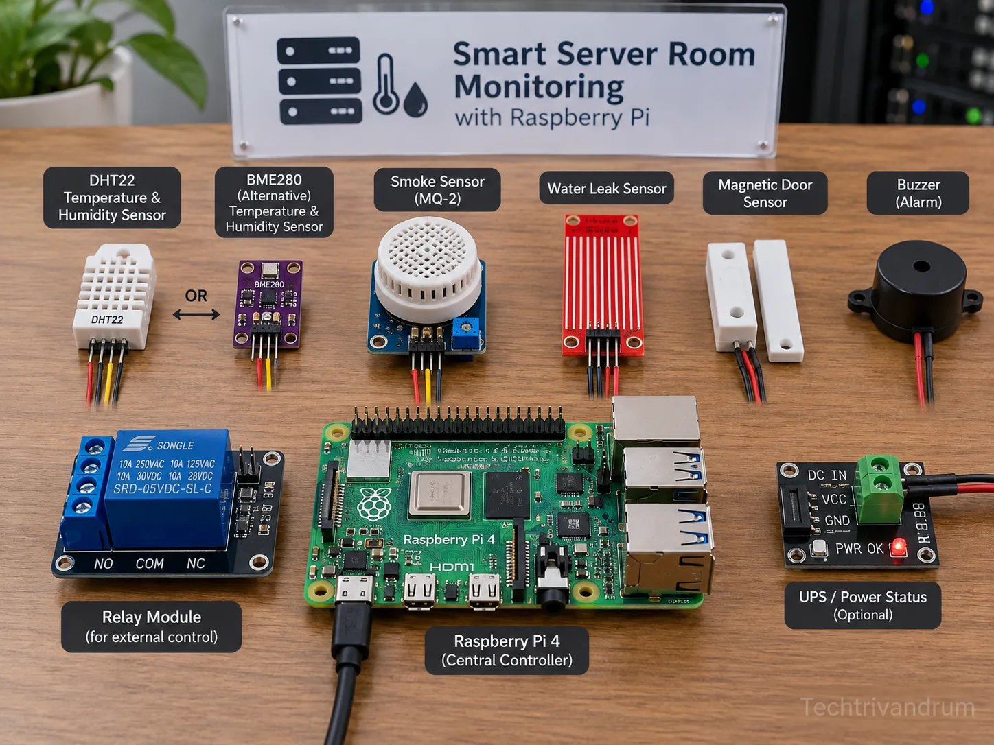 Illustrative Raspberry Pi monitoring components; component placement is conceptual.