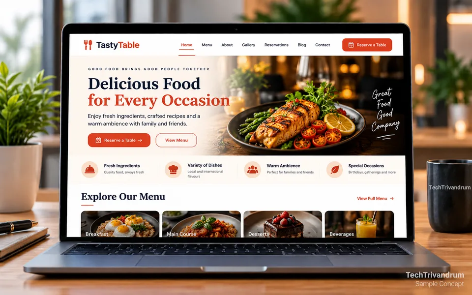 Laptop showing a sample restaurant website with a grilled dish and a Reserve a Table button