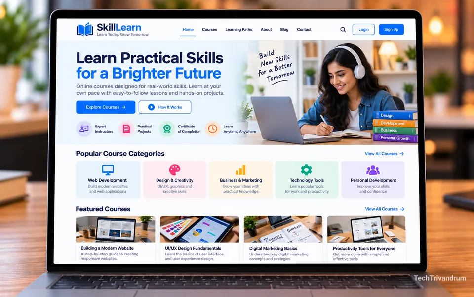 Laptop showing a sample training website with course categories, featured courses and a sign-up button